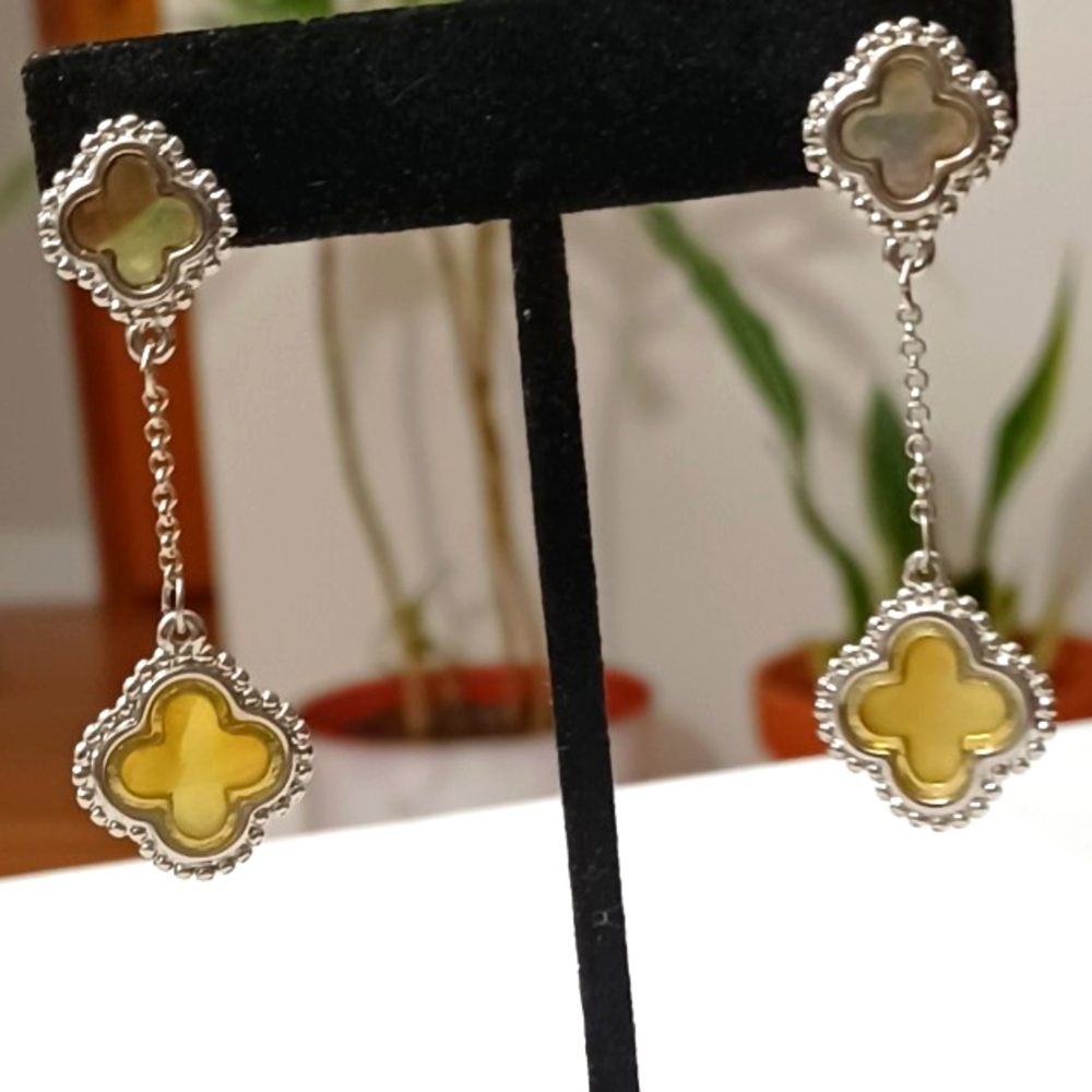 SILVER FOUR CLOVER DANGLE EARRINGS